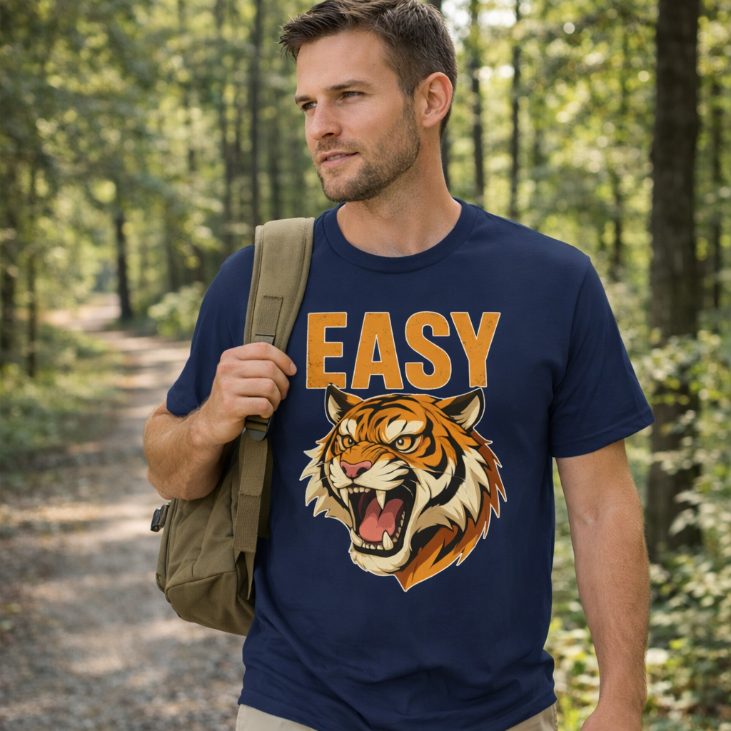 Man wearing a navy blue t-shirt with a tiger graphic and 'EASY' text in a forest setting