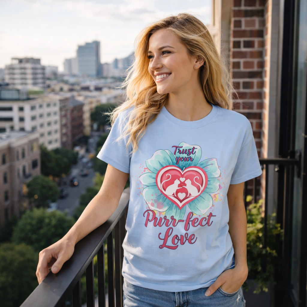 Woman wearing a light blue t-shirt with a heart design and text, standing on a balcony with a cityscape background.