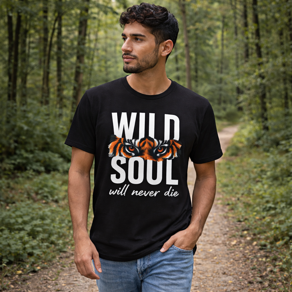 Man wearing a black t-shirt with 'Wild Soul will never die' design in a forest setting