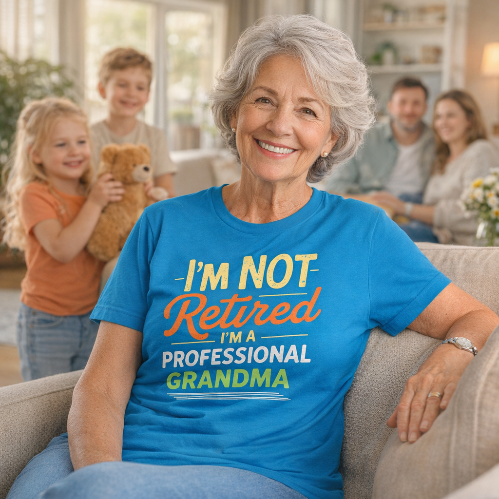 Woman wearing a blue t-shirt with humorous text, sitting on a couch with a family in the background.