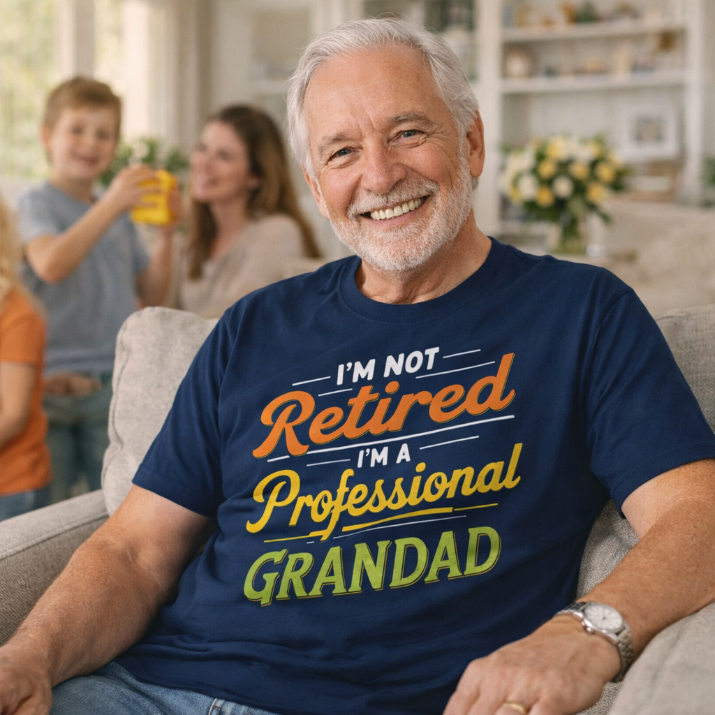 Man wearing a blue t-shirt with humorous text, sitting on a couch with family in the background.