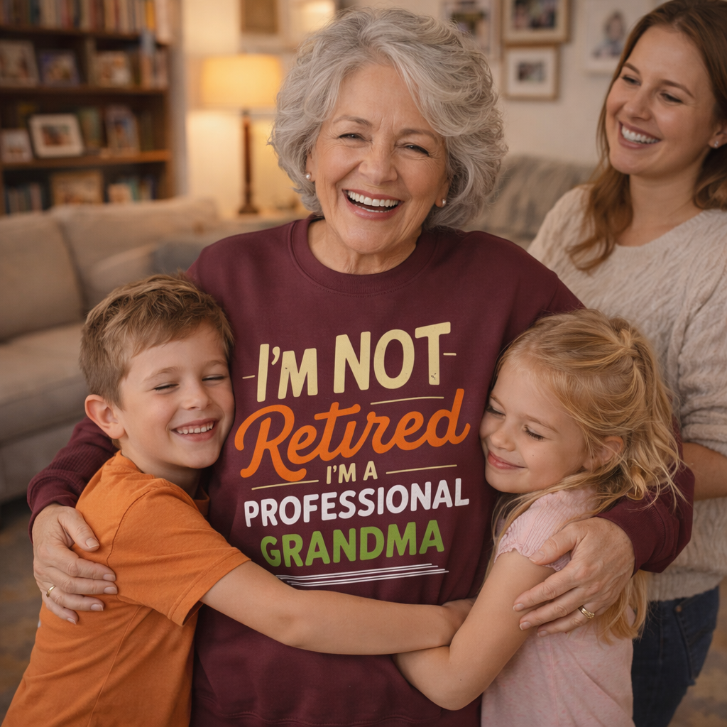 Woman wearing a sweatshirt that says 'I'm not retired, I'm a professional grandma' with two children and another woman in a living room.
