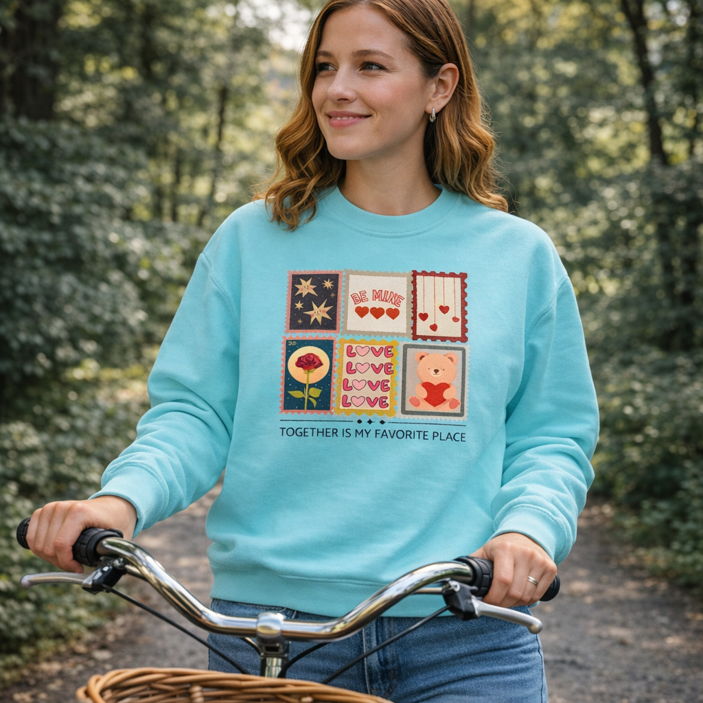 woman wearing a sweatshirt with stamped valentine's design