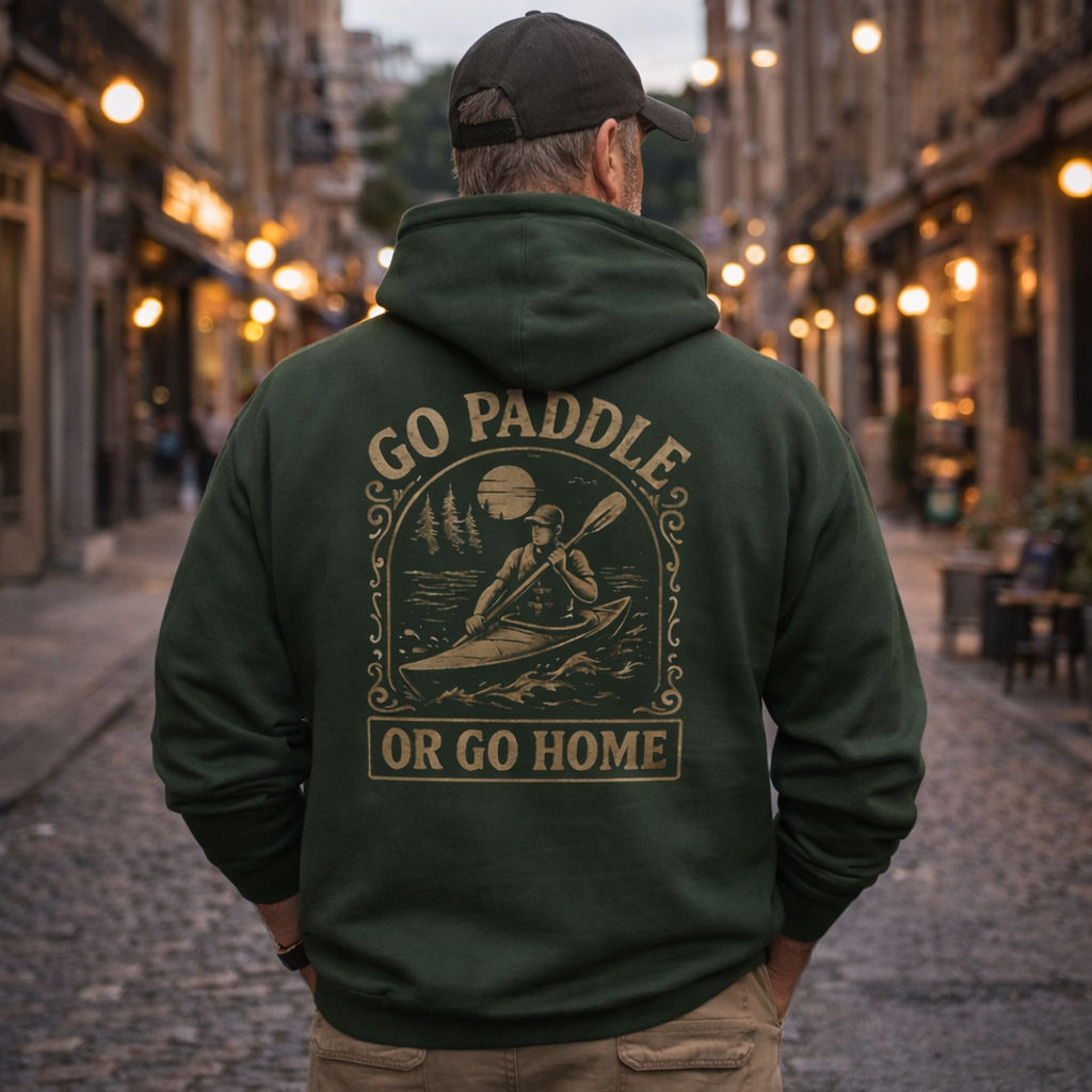 man wearing a hooded sweatshir kayaking design