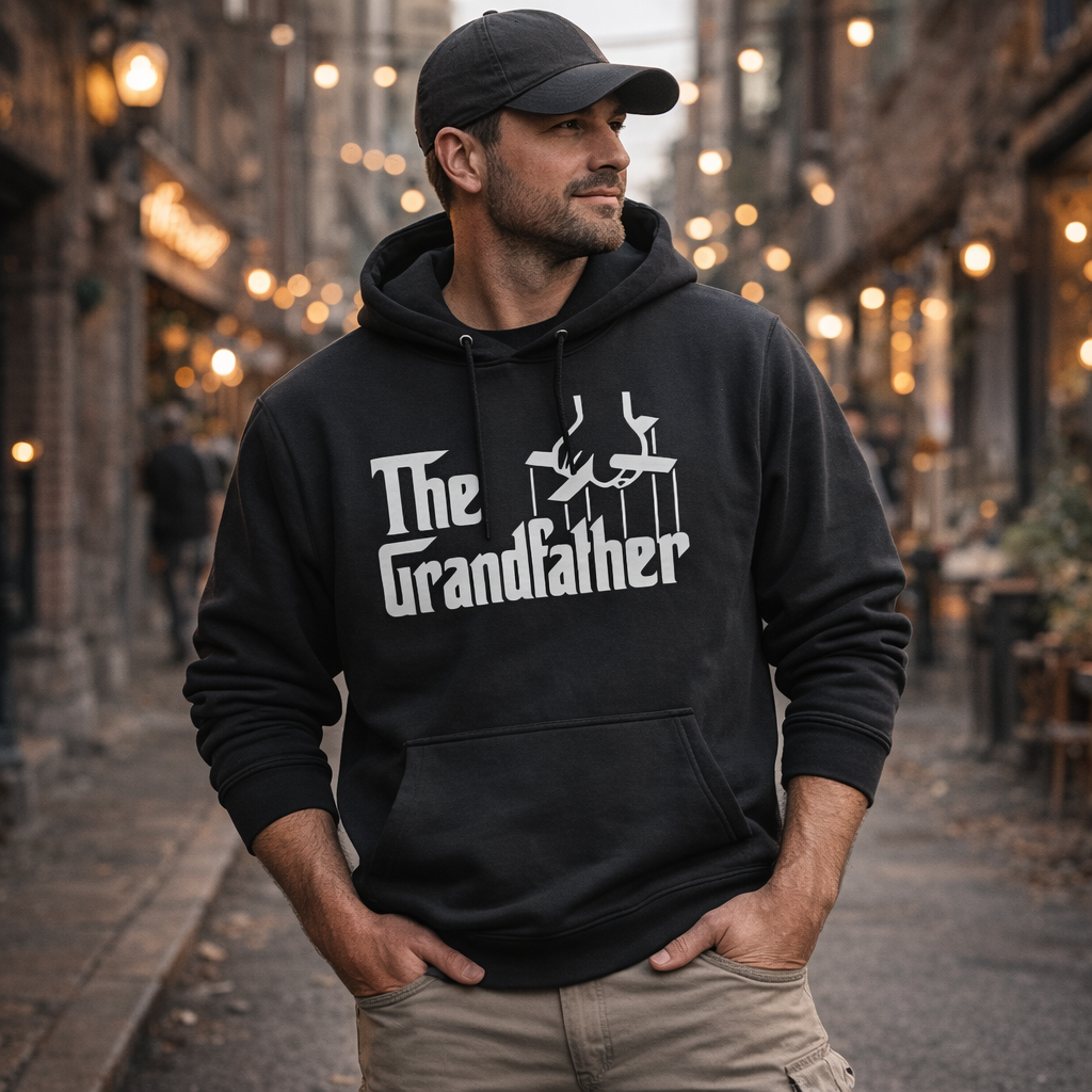 Man wearing a black hoodie with 'The Grandfather' text in an urban setting