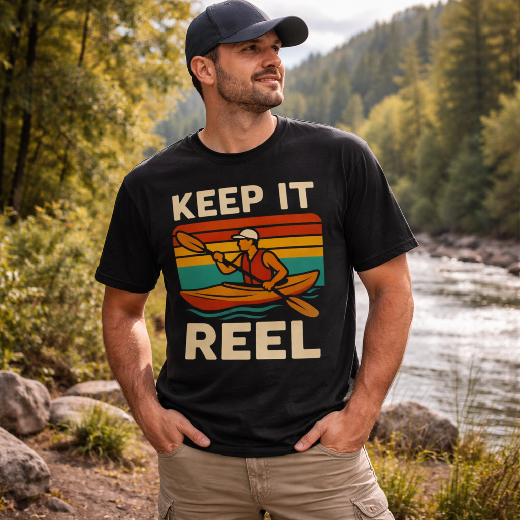 Man wearing a black t-shirt with 'Keep It Reel' graphic in a natural setting
