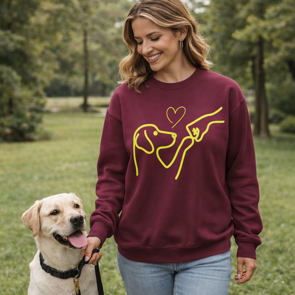 Woman wearing a maroon sweatshirt with a yellow dog design, standing outdoors with a dog.