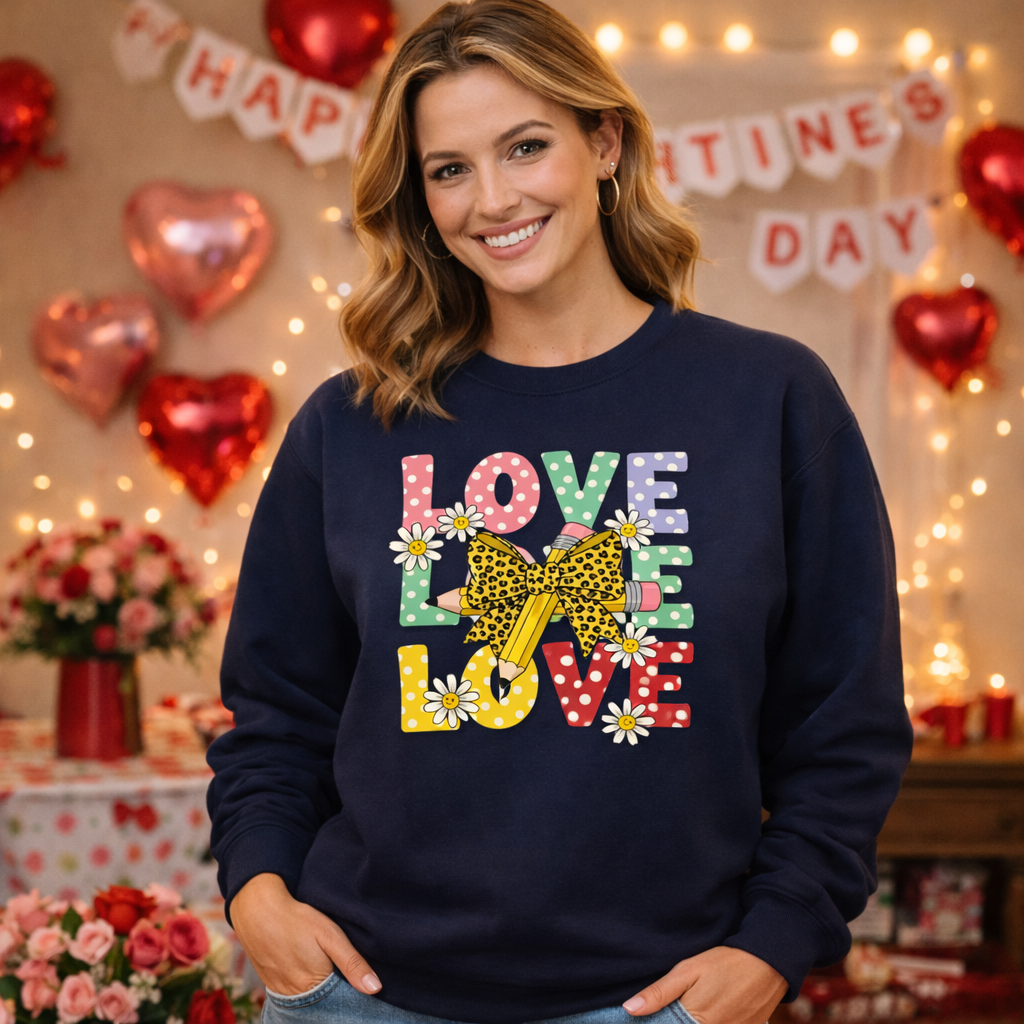 Woman wearing a navy sweatshirt with 'LOVE' design in a Valentine's Day decorated room.