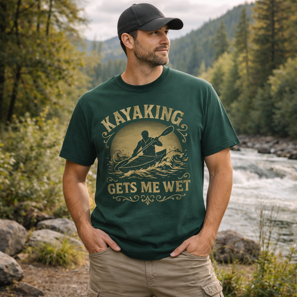 Man wearing a green t-shirt with a kayaking design standing by a river with mountains in the background.