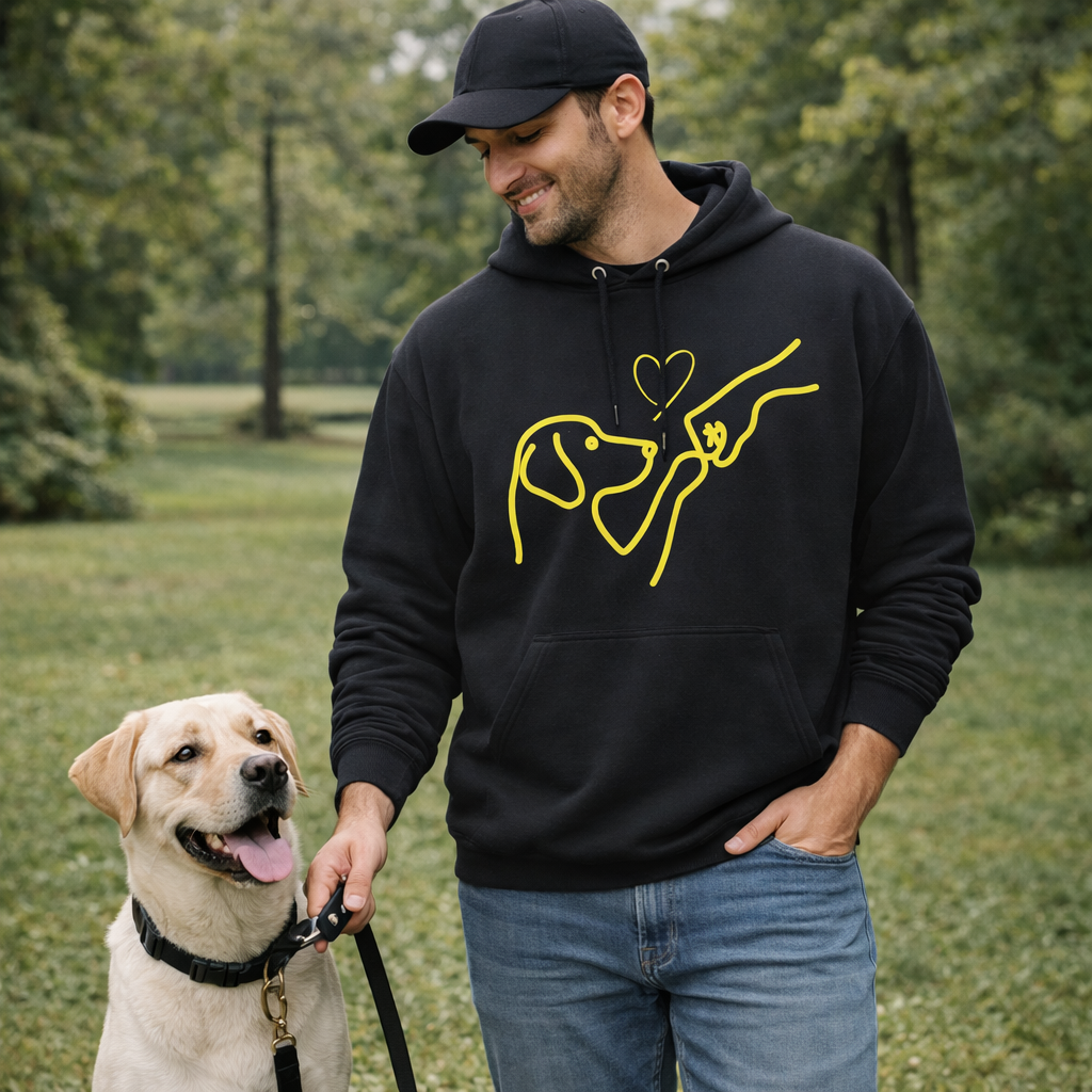 Man wearing a black hoodie with a yellow graphic and a dog outdoors