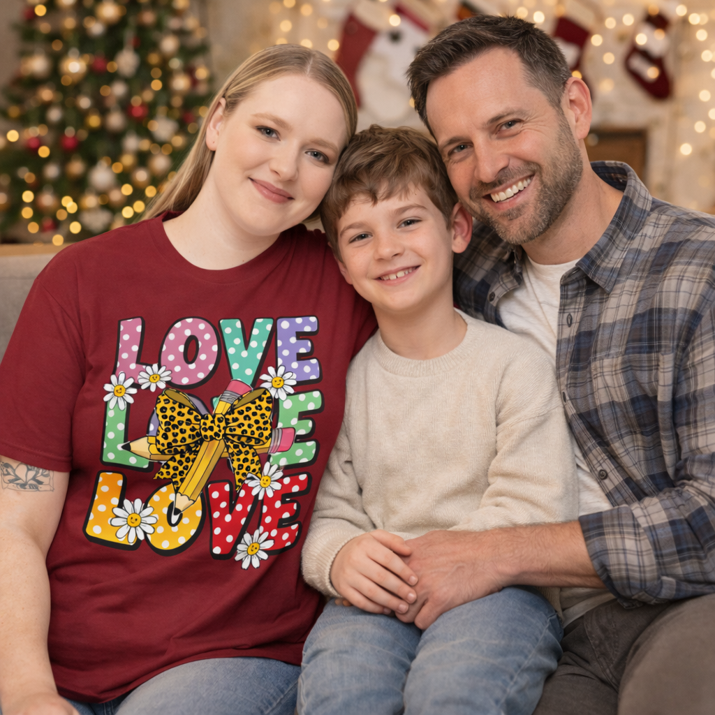 Family of three sitting together with a decorated Christmas tree in the background