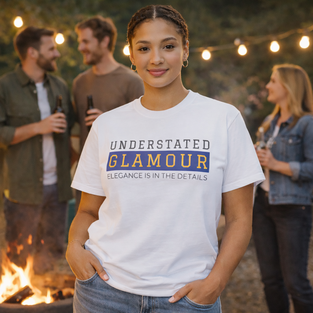 Person wearing a 'Understated Glamour' t-shirt with friends around a fire.