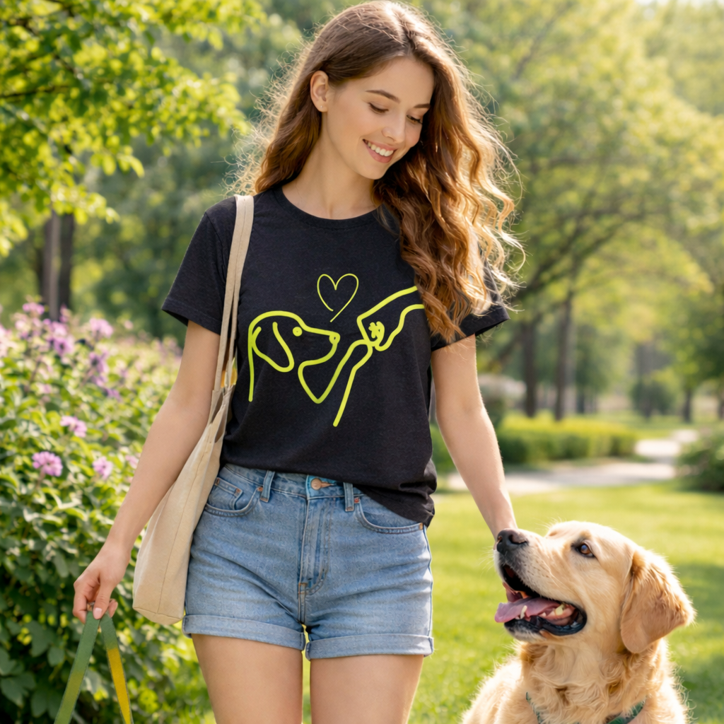 Woman walking a dog in a park wearing a black t-shirt with a yellow graphic design.