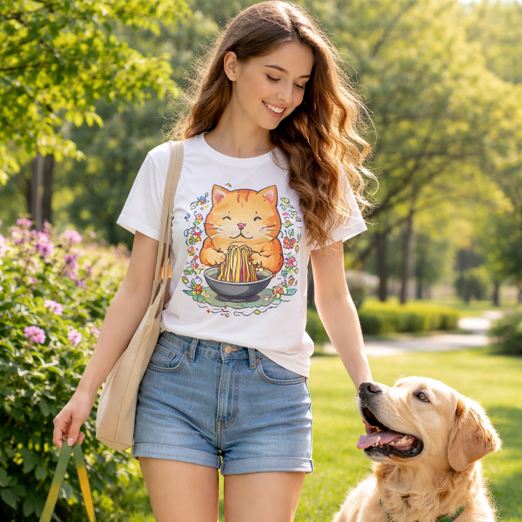 Woman wearing a t-shirt with a cat design, walking a dog in a park.
