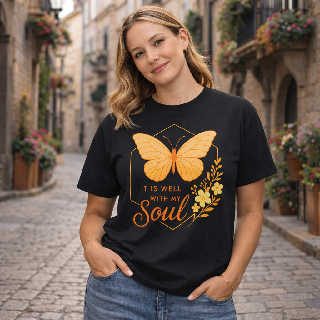 Woman wearing a black t-shirt with a yellow butterfly design and text in an outdoor setting.