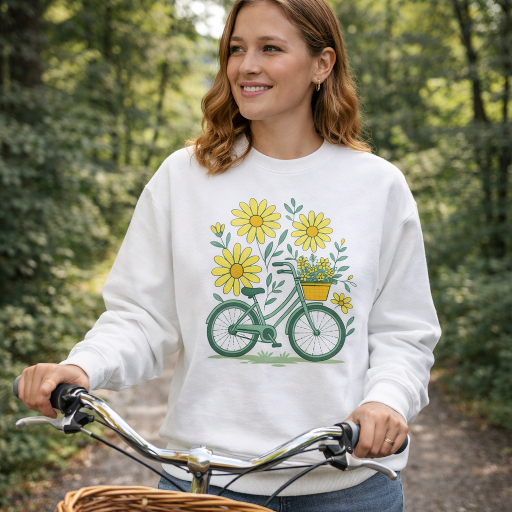 Woman wearing a white sweatshirt with a bicycle and flower design, standing outdoors.