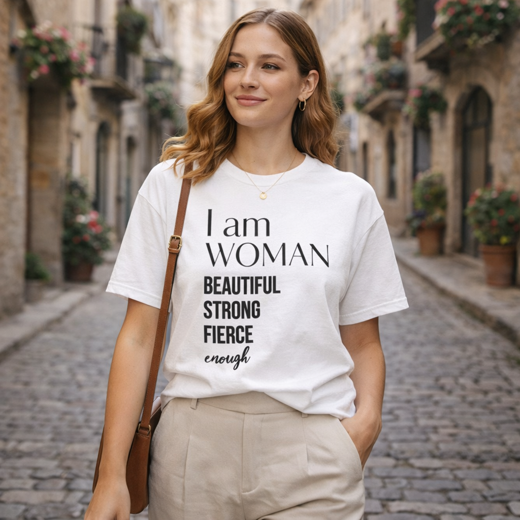 Woman wearing a white t-shirt with motivational text on a cobblestone street.