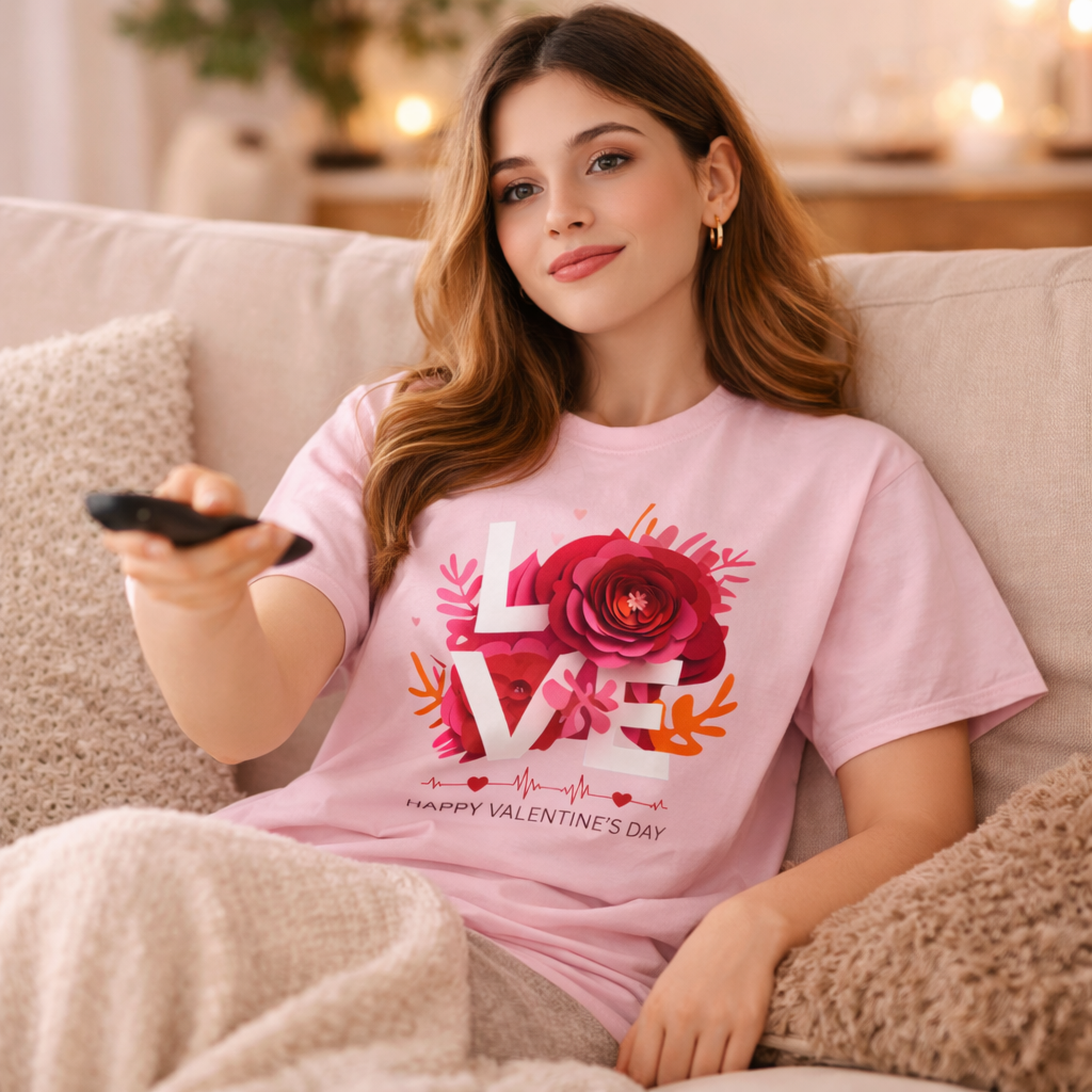 Woman wearing a pink 'Happy Valentine's Day' t-shirt, sitting on a couch with a remote control.