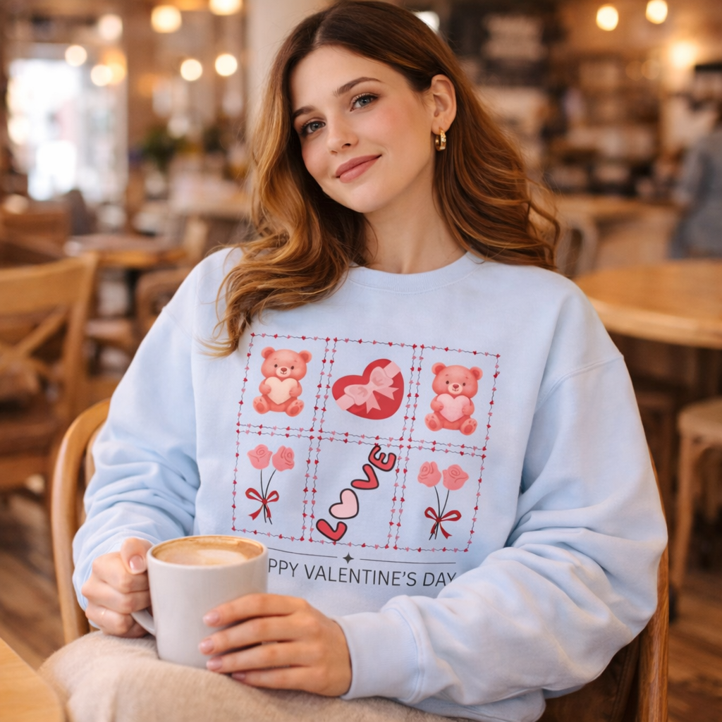 Woman wearing a light blue sweatshirt with Valentine's Day designs, holding a cup in a café.