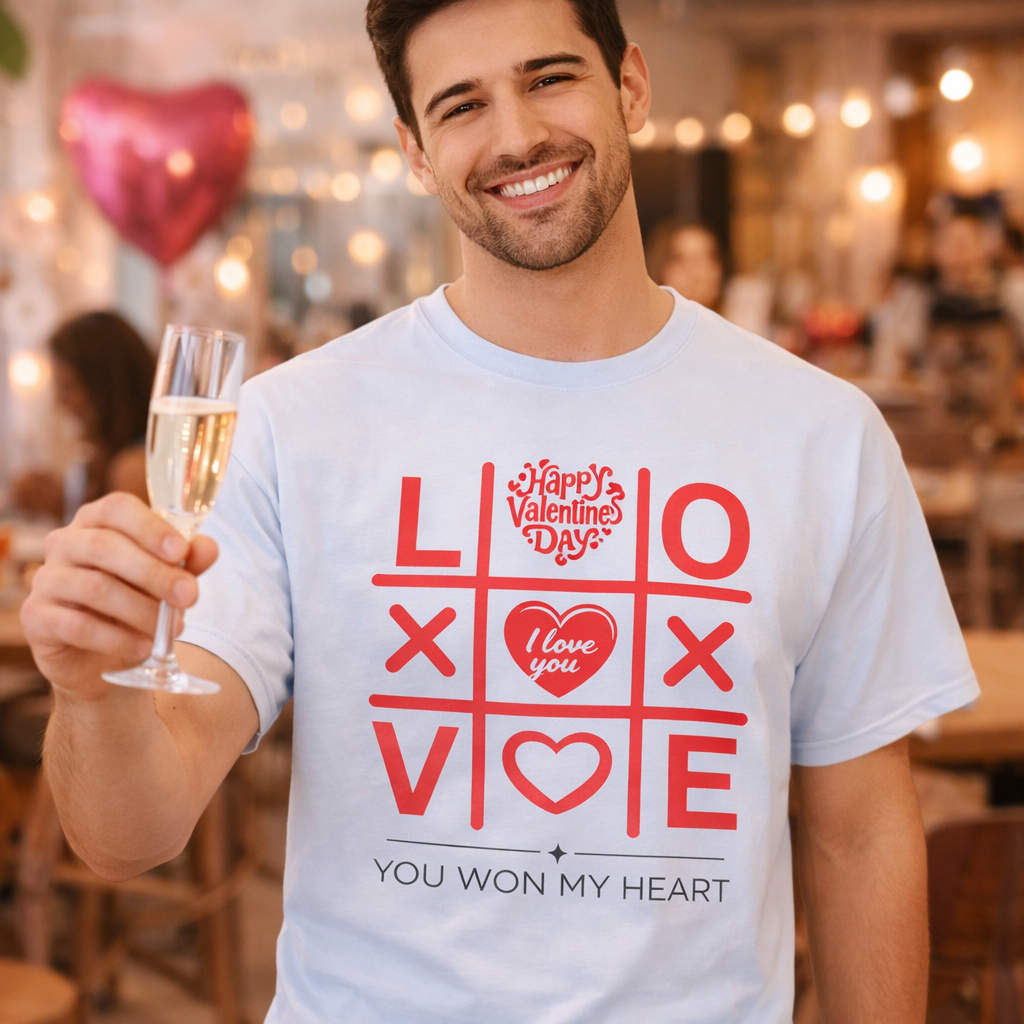 Man wearing a Valentine's Day-themed t-shirt with a glass of champagne in a restaurant setting.
