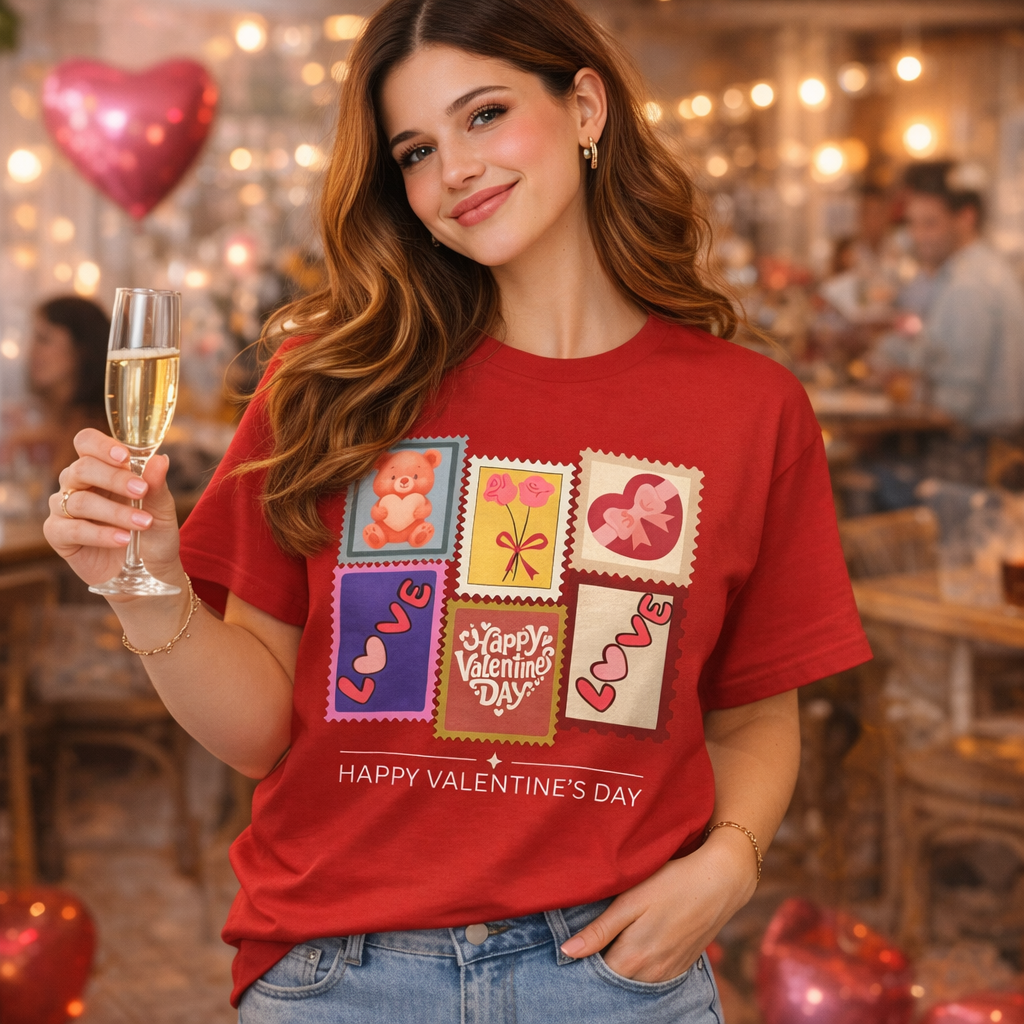 woman wearing a red t-shirt with stamp design valentine's da