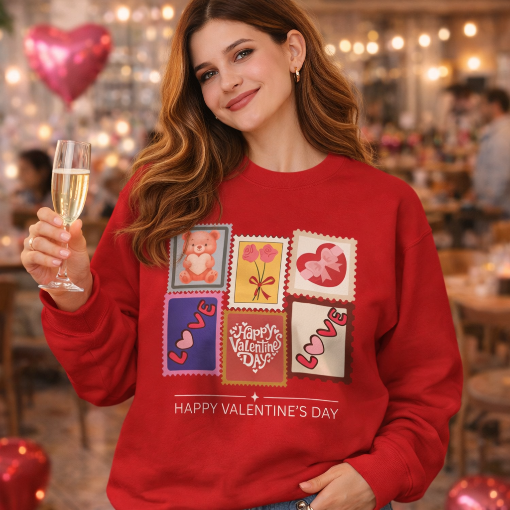 Woman wearing a red Valentine's Day-themed sweatshirt holding a glass of champagne in a festive setting.