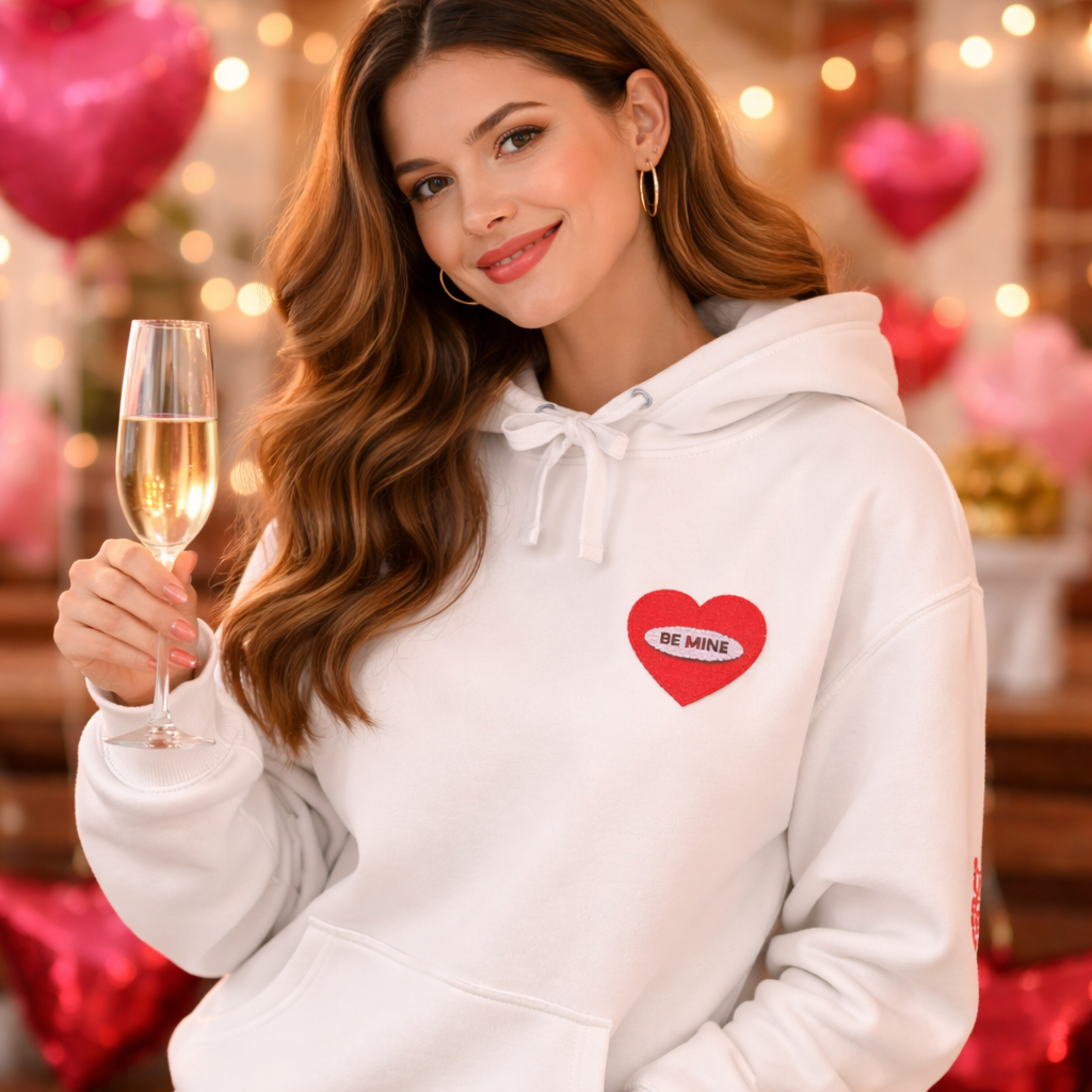 Woman in a white hoodie with a heart design holding a glass of champagne, surrounded by festive decorations.