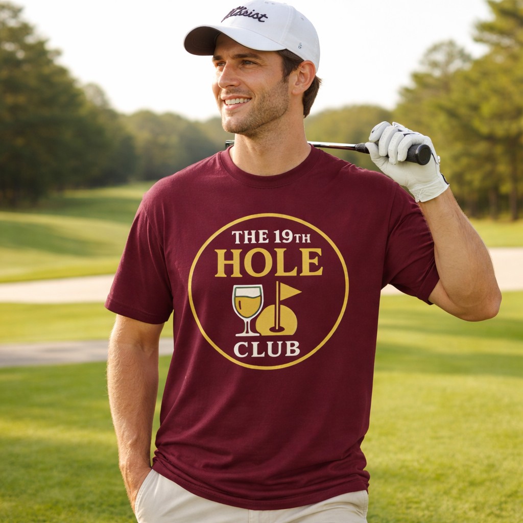 Man wearing a maroon t-shirt with 'The 19th Hole Club' design on a golf course.