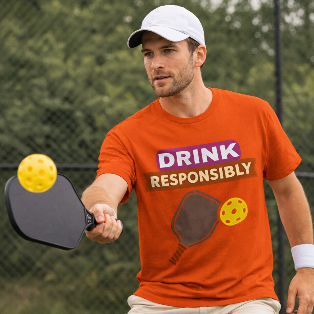 Man playing pickleball wearing an orange t-shirt with 'Drink Responsibly' text.