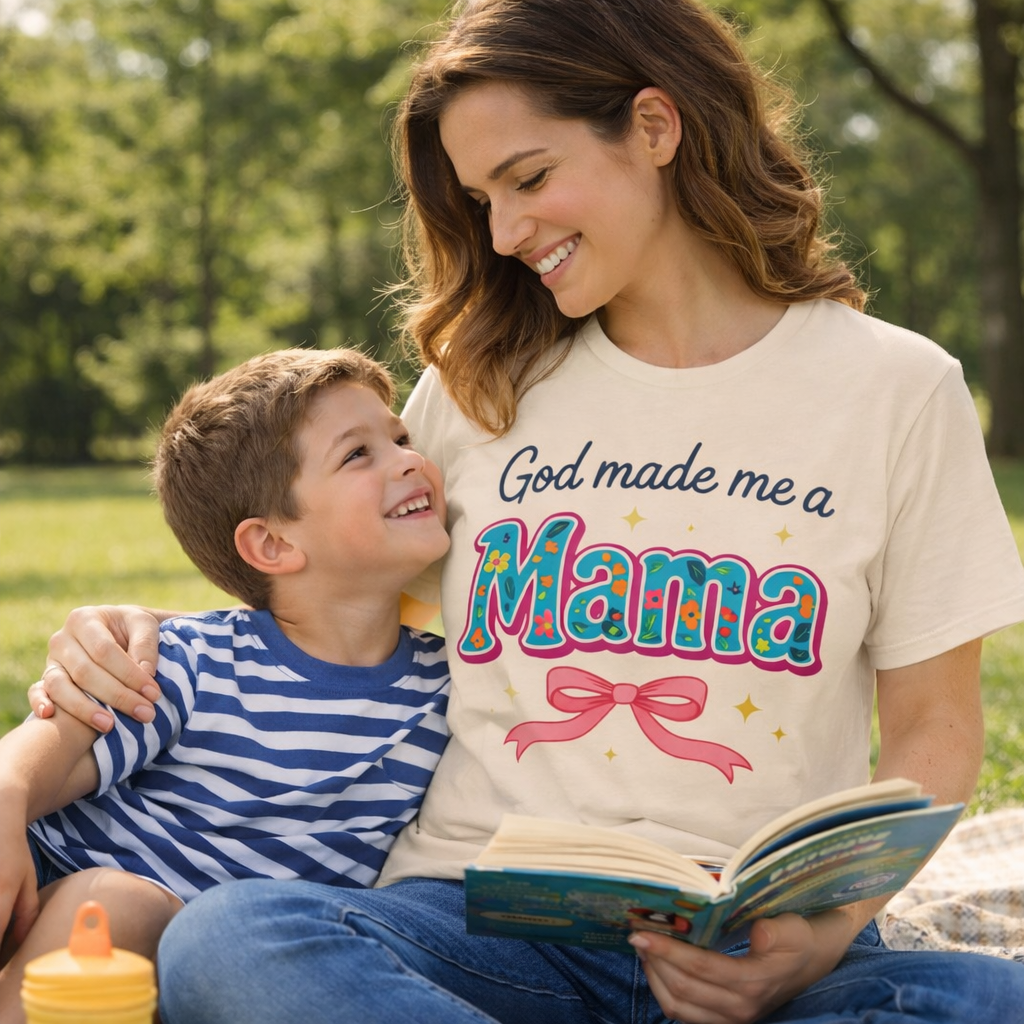 Woman wearing a 'God made me a Mama' shirt reading to a child outdoors.