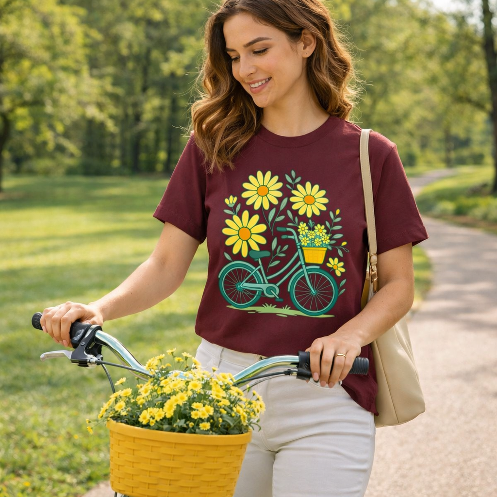 Woman riding a bicycle with a basket full of flowers, wearing a t-shirt with a bicycle and flower design.